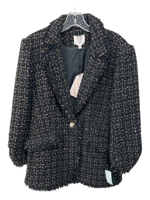Cinq a Sept Size 12 Black & Gold Wool Blend Boucle Flap Pocket 3/4 Sleeve Jacket Black & Gold / 12