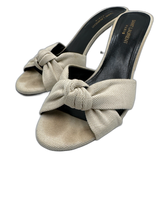Saint Laurent Shoe Size 40 White Canvas Knot Detail Peep Toe Mules Sandals White / 40