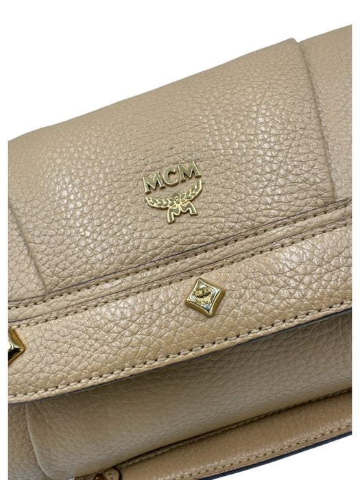 MCM Tan Pebbled Leather Magnetic Closure Shoulder Strap Studs Gold Hardware Bag Tan / S