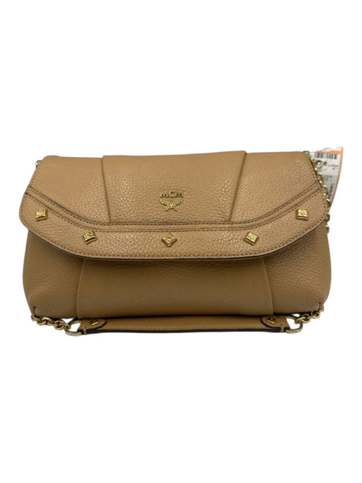 MCM Tan Pebbled Leather Magnetic Closure Shoulder Strap Studs Gold Hardware Bag Tan / S