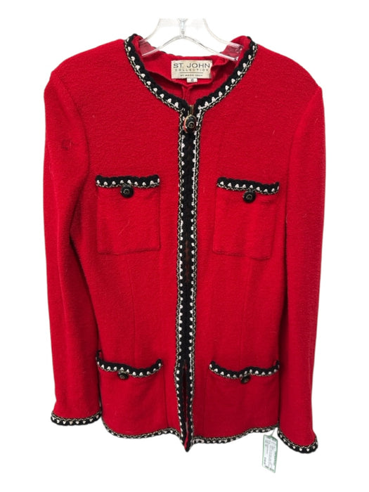St John Collection Size 10 Red, Black, White Wool Blend Zip Front Pockets Jacket Red, Black, White / 10
