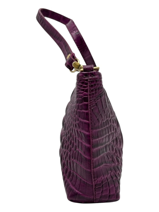 Brahmin Purple & Black Leather Gold Tone Hardware Croc Embossed Zip Top Bag Purple & Black / S