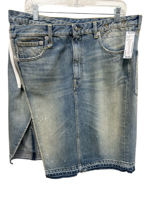 R13 Size 31 Light Wash Cotton Denim Distressed Asymmetrical Side Slit Mini Skirt Light Wash / 31