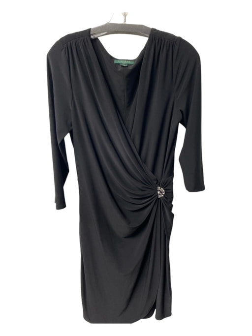 Lauren Ralph Lauren Size 12 Black Poly Blend Deep V Faux Wrap Side Ruching Dress Black / 12