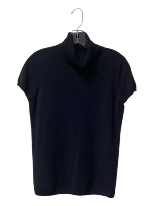 Theory Size Large Navy Wool Blend Turtle Neck Cap Sleeve Ribbed Detail T-shirt Navy / Large