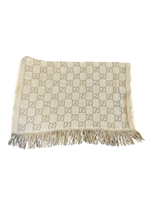 Gucci Beige Wool Logo Print Tassel Detail Stripe Detail Woven scarf Beige / L