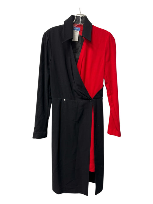 Thierry Mugler Size 42 Black & Red Wool Blend V Neck Collar Faux Wrap Dress Black & Red / 42