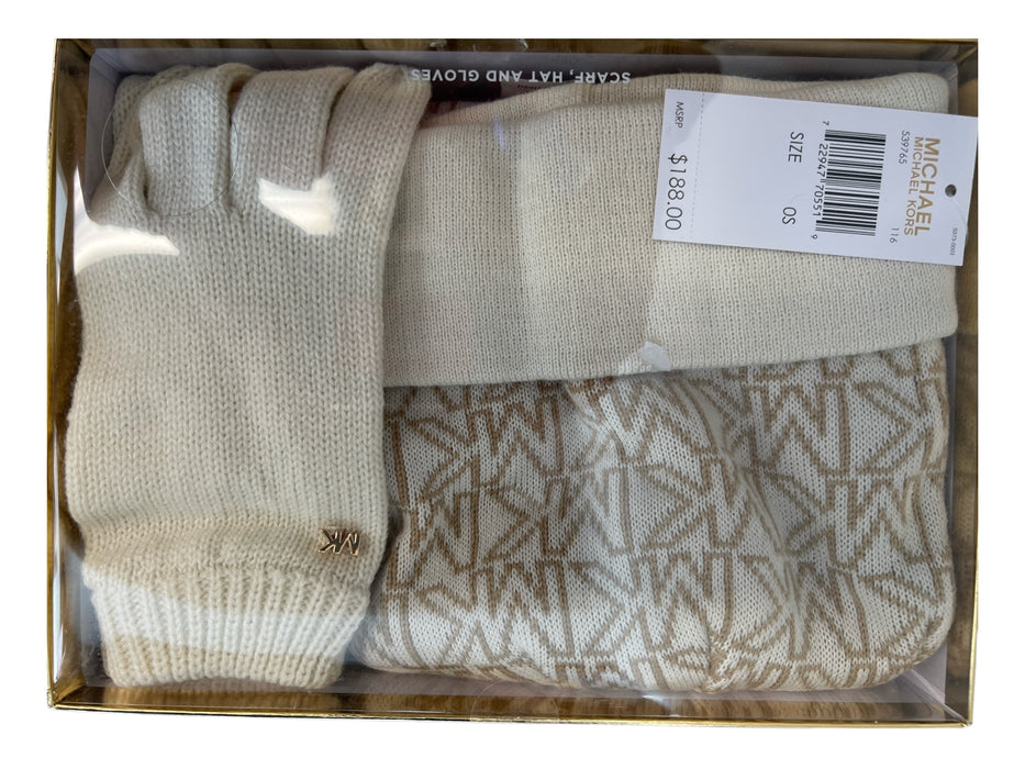 Michael Michael Kors Size One Size Cream & Tan Hat, Scarf, Gloves Accessory Set Cream & Tan / One Size
