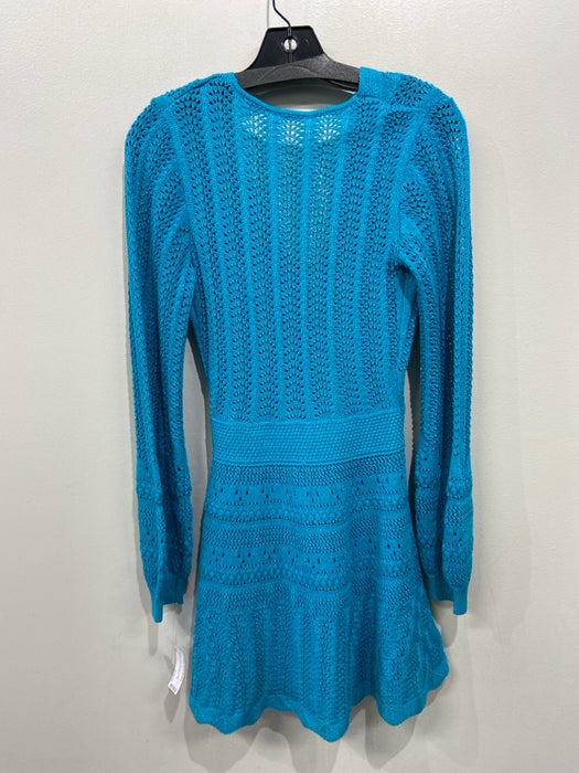 Alexis Size XS Teal Rayon Blend Metallic Thread Crochet Surplice Dress