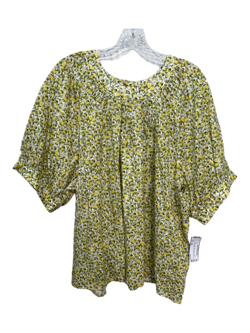 J Crew Size XXL Yellow, Green & White Cotton Short Balloon Sleeve Round Neck Top Yellow, Green & White / XXL