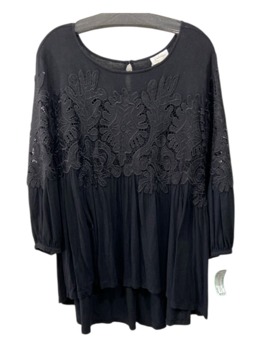 Deletta Size XL Black Rayon Embroidered Lazer Cut 3/4 Puff Sleeve Top Black / XL