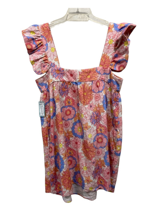 Tuckernuck Size L Pink, Blue, Multi Linen Blend Ruffle Cap Sleeve Floral Dress Pink, Blue, Multi / L