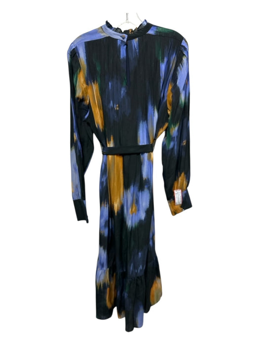 Marie Oliver Size L Blue, Yellow & Black Silk Long Sleeve Abstract Maxi Dress Blue, Yellow & Black / L