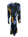 Marie Oliver Size L Blue, Yellow & Black Silk Long Sleeve Abstract Maxi Dress Blue, Yellow & Black / L