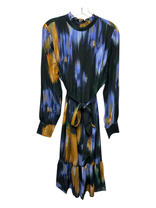 Marie Oliver Size L Blue, Yellow & Black Silk Long Sleeve Abstract Maxi Dress Blue, Yellow & Black / L