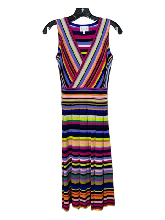 Milly Size P Multi Viscose Blend Sleeveless Variegated Stripes Pleated Dress Multi / P