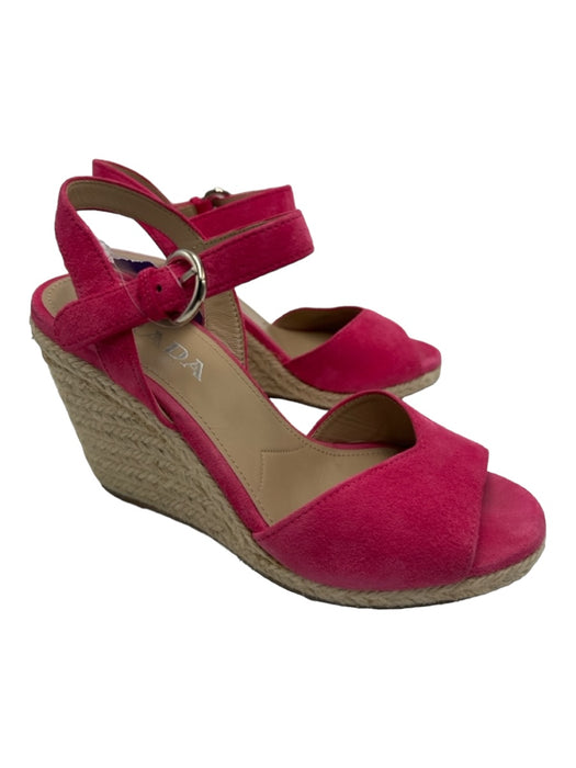 Prada Shoe Size 37 Hot pink Suede Raffia Ankle Strap Peep Toe Wedges Hot pink / 37