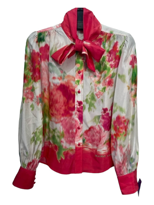 Marc Jacobs Size 0 White, Green & Pink Silk Abstract Floral Tie Neck Top White, Green & Pink / 0