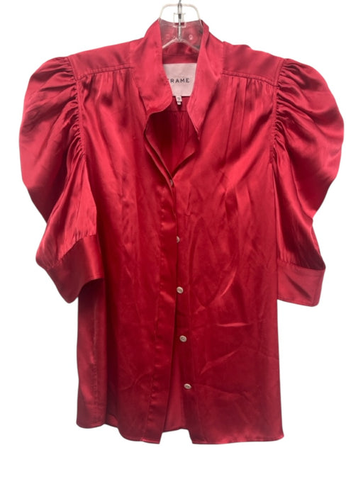Frame Size XS Salmon Pink Silk 1/2 Sleeve Button Up Puff Shoulder Satin Top Salmon Pink / XS