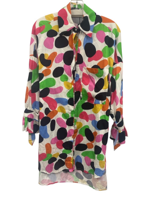 PatBo Size 2 White & Multi Cotton Abstract Print Button Front Long Sleeve Dress White & Multi / 2