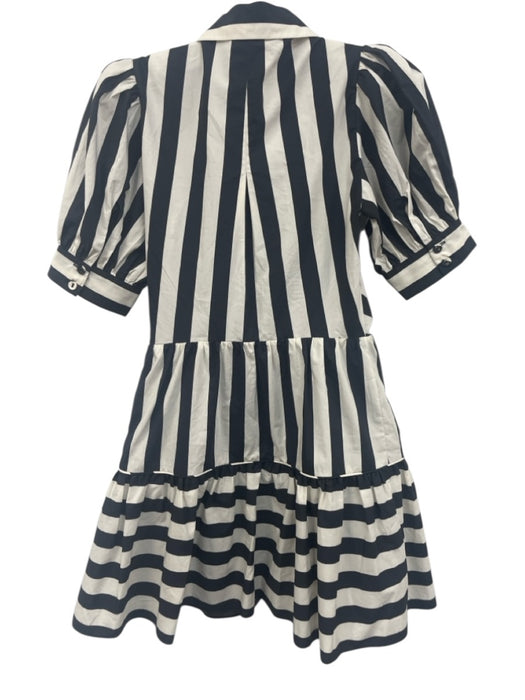 Farm Rio Size XXS Cream White & Black Cotton Striped Short Puff Sleeve Dress Cream White & Black / XXS