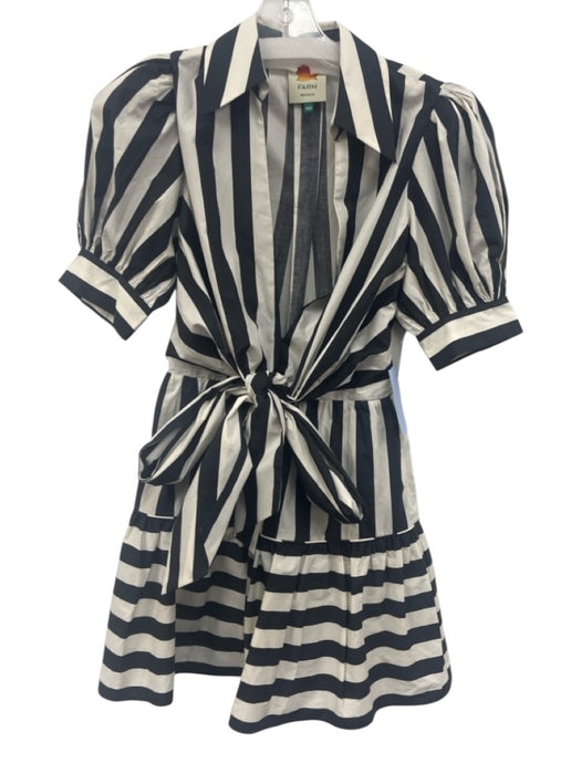 Farm Rio Size XXS Cream White & Black Cotton Striped Short Puff Sleeve Dress Cream White & Black / XXS