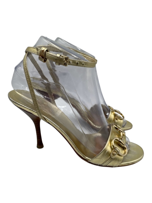 Gucci Shoe Size 6.5 Gold & Brown Leather Horsebit Ankle Strap Sandals Gold & Brown / 6.5
