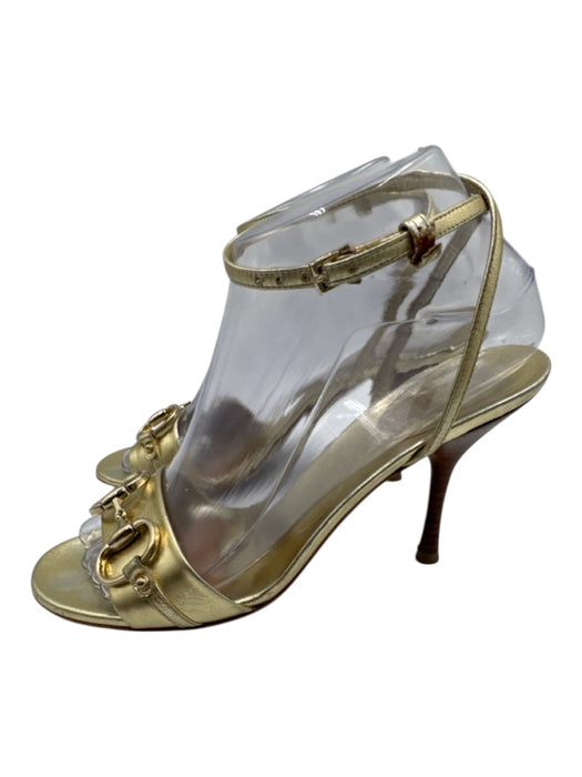 Gucci Shoe Size 6.5 Gold & Brown Leather Horsebit Ankle Strap Sandals Gold & Brown / 6.5