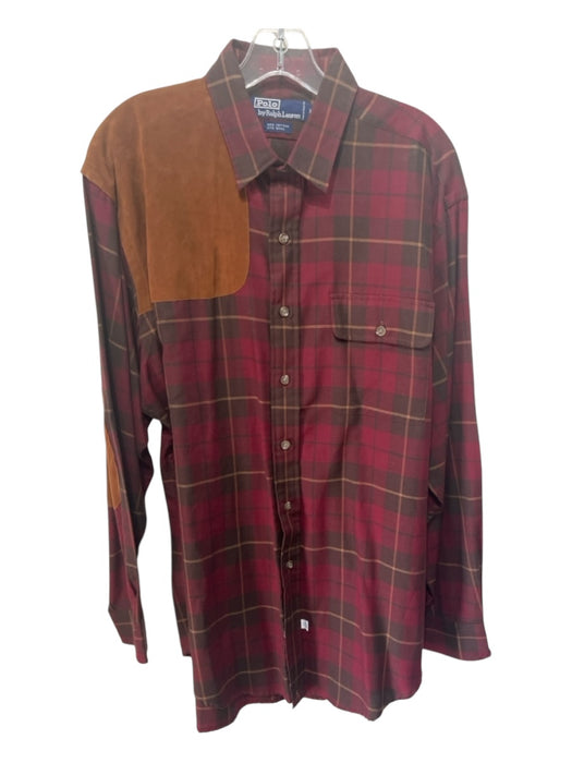 Polo Size L Red & Brown Cotton Blend Plaid Flannel Men's Long Sleeve Shirt L