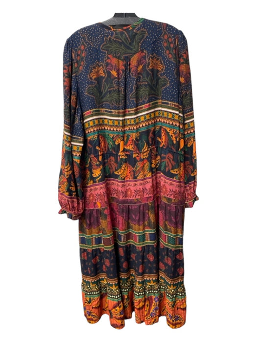 Farm Rio Size L Blue Orange & Multi Viscose round split neck Tassel Maxi Dress Blue Orange & Multi / L