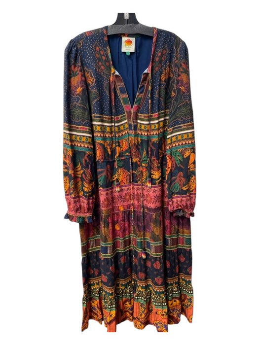 Farm Rio Size L Blue Orange & Multi Viscose round split neck Tassel Maxi Dress Blue Orange & Multi / L