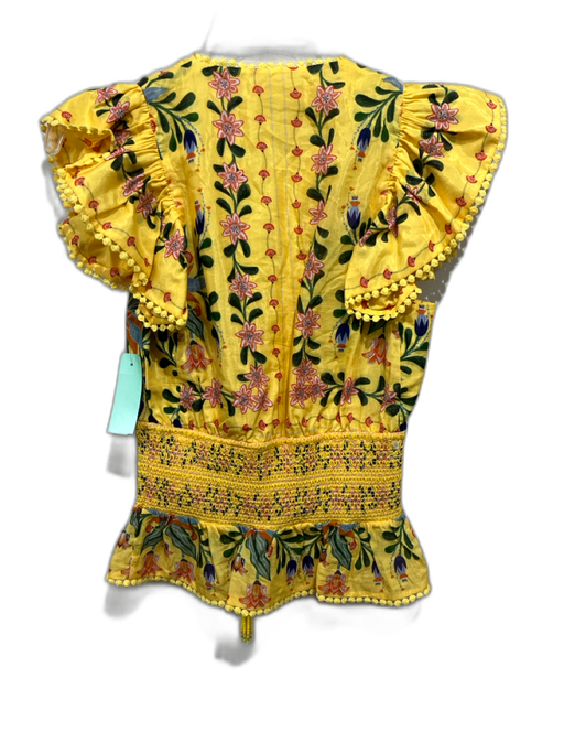 Farm Rio Size XS Yellow & Multi Cotton & Viscose Ruffle Cap Sleeve V Neck Top Yellow & Multi / XS