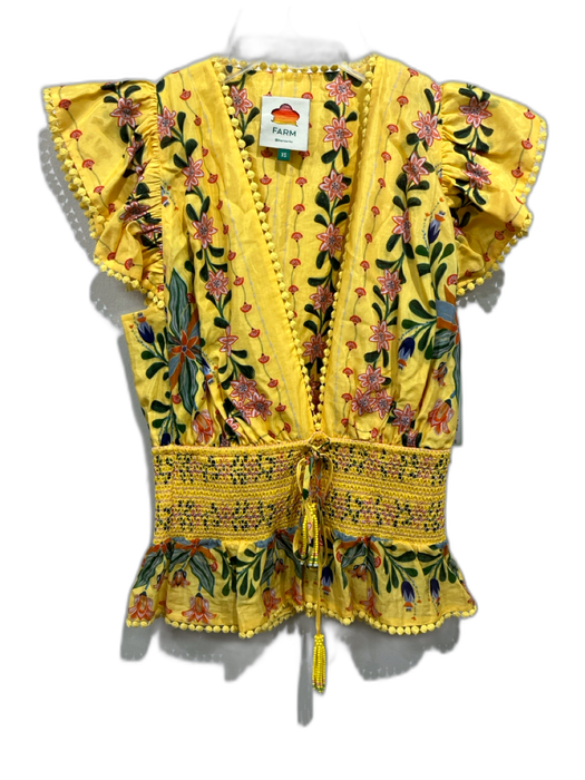 Farm Rio Size XS Yellow & Multi Cotton & Viscose Ruffle Cap Sleeve V Neck Top Yellow & Multi / XS