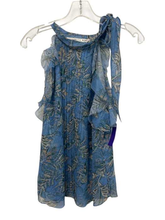 Veronica Beard Size 4 Blue, Green, Beige Silk Pintuck Floral Tie Neck Top Blue, Green, Beige / 4