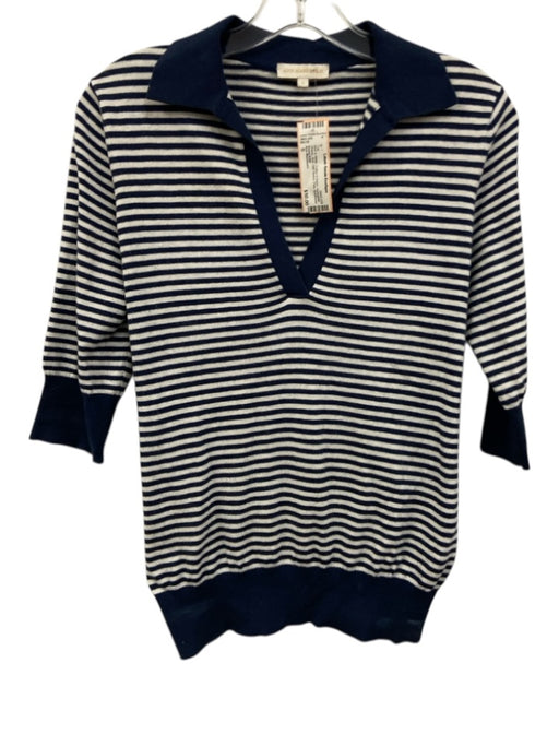 Ann Mashburn Size S Blue & White Cotton & Nylon Horizontal Stripes Knit Polo Top Blue & White / S