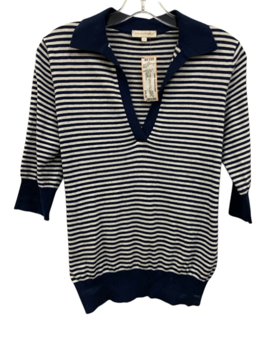 Ann Mashburn Size S Blue & White Cotton & Nylon Horizontal Stripes Knit Polo Top Blue & White / S