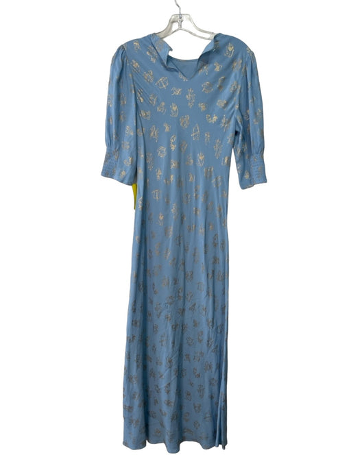 Rixo Size XS Blue & Gold Viscose Round Neck Puff 1/2 Sleeve Zodiac Print Dress Blue & Gold / XS