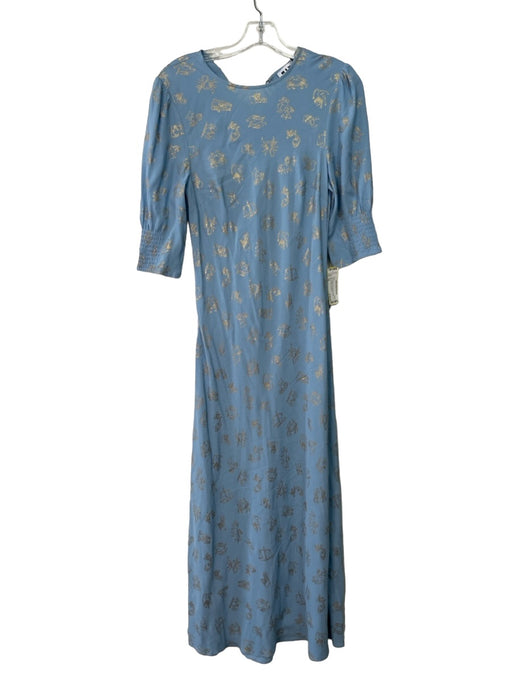 Rixo Size XS Blue & Gold Viscose Round Neck Puff 1/2 Sleeve Zodiac Print Dress Blue & Gold / XS