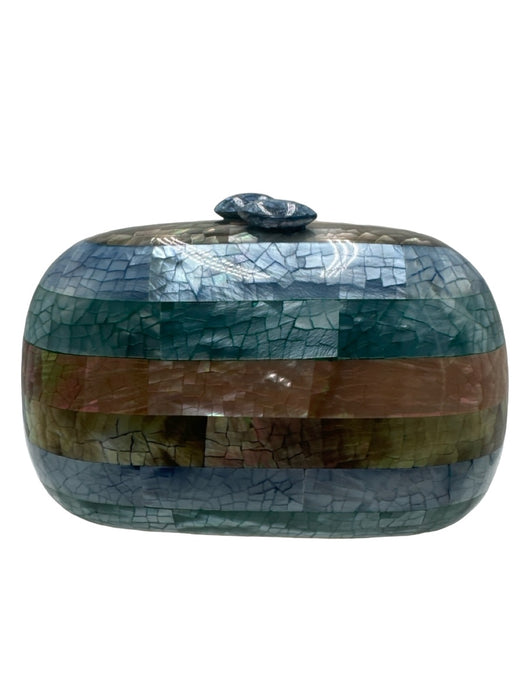 Serpui Marie Blue & Green Mother of Pearl Magnetic Closure Oval Clutch Bag Blue & Green