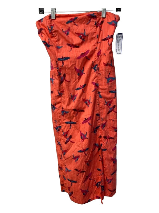 Free People Size 8 Orange Cotton Bird Print Strapless Pockets Side Zip Dress Orange / 8