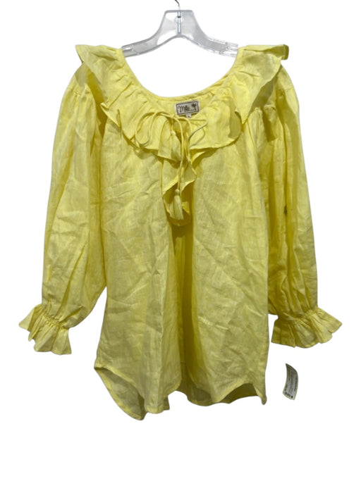 Mille Resort & Travel Size L Yellow Linen Long Balloon Sleeve Tie V Neck Top Yellow / L