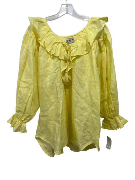 Mille Resort & Travel Size L Yellow Linen Long Balloon Sleeve Tie V Neck Top Yellow / L