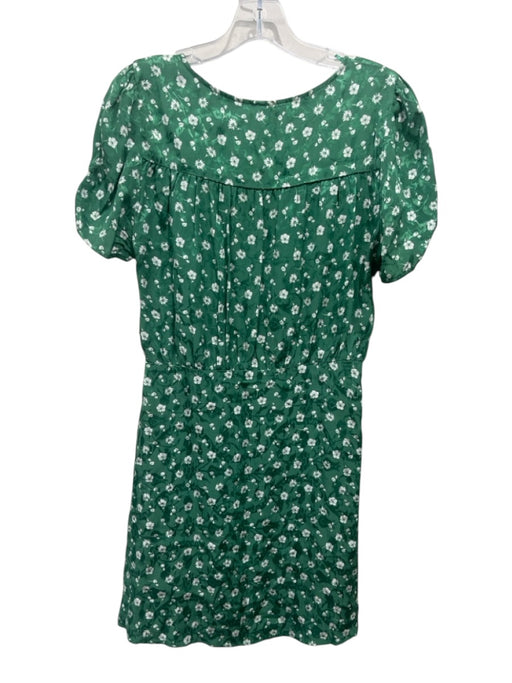 Free People Size 8 Green & White Viscose Floral Short Sleeve Ruched V Neck Dress Green & White / 8