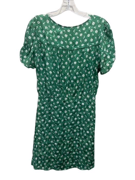 Free People Size 8 Green & White Viscose Floral Short Sleeve Ruched V Neck Dress Green & White / 8