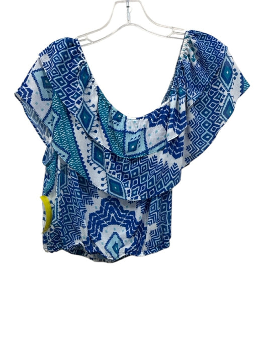 Ramy Brook Size M White & Blue Polyester Geometric Print Off Shoulder Top White & Blue / M