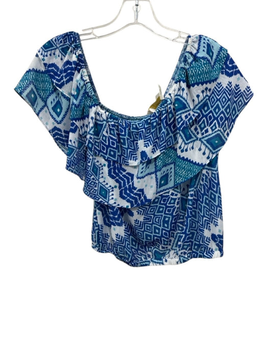 Ramy Brook Size M White & Blue Polyester Geometric Print Off Shoulder Top White & Blue / M