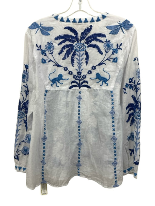 Johnny Was Workshop Size L White & Blue Cotton Floral Embroidered Top White & Blue / L