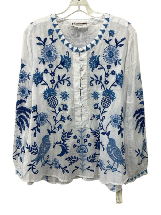 Johnny Was Workshop Size L White & Blue Cotton Floral Embroidered Top White & Blue / L