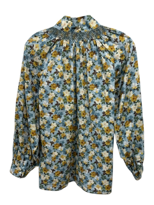 Ann Mashburn Size XS Blue, Yellow & Green Cotton Floral Long Balloon Sleeve Top Blue, Yellow & Green / XS