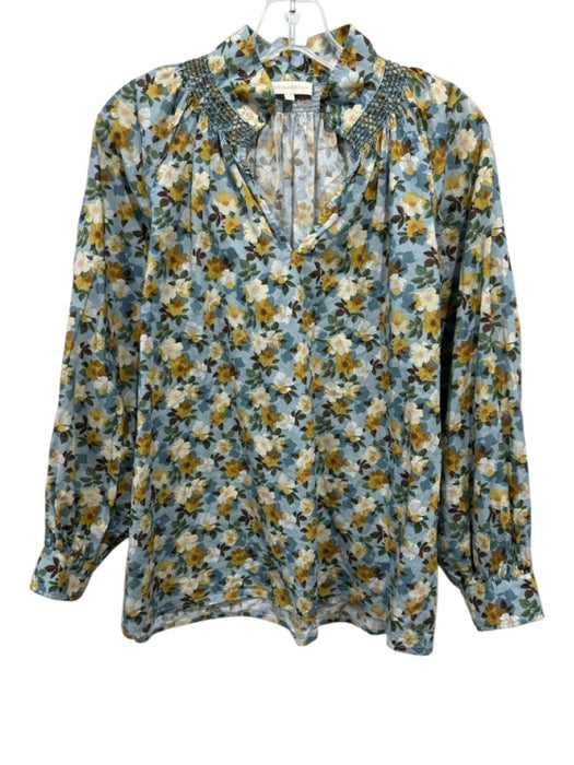 Ann Mashburn Size XS Blue, Yellow & Green Cotton Floral Long Balloon Sleeve Top Blue, Yellow & Green / XS